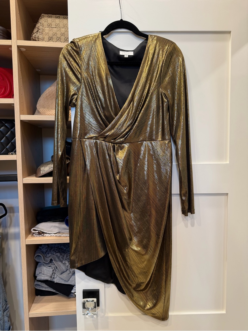 Metallic Wrap Long-Sleeve Dress in Gold